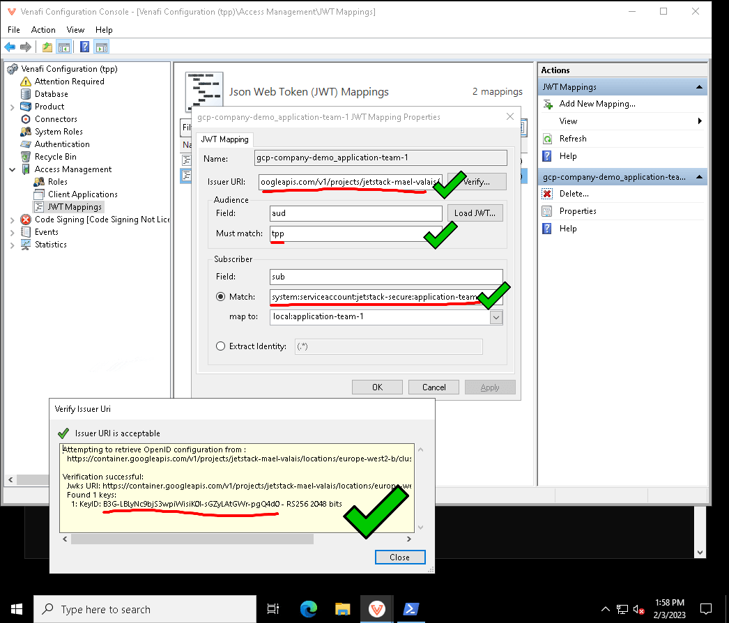 Screenshot of the Venafi Configuration Console with a JWT Mapping opened and after clicking "Verify...".