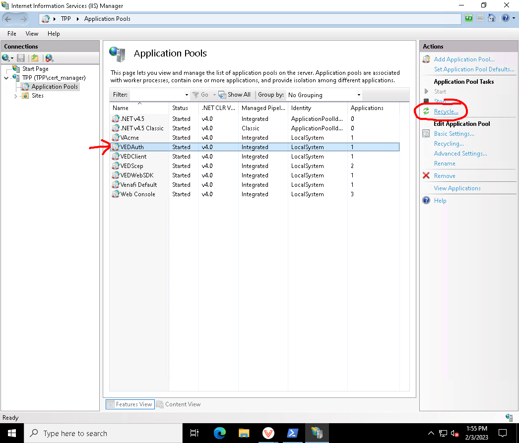 Second step: select VEDAuth, and click "Recycle...".