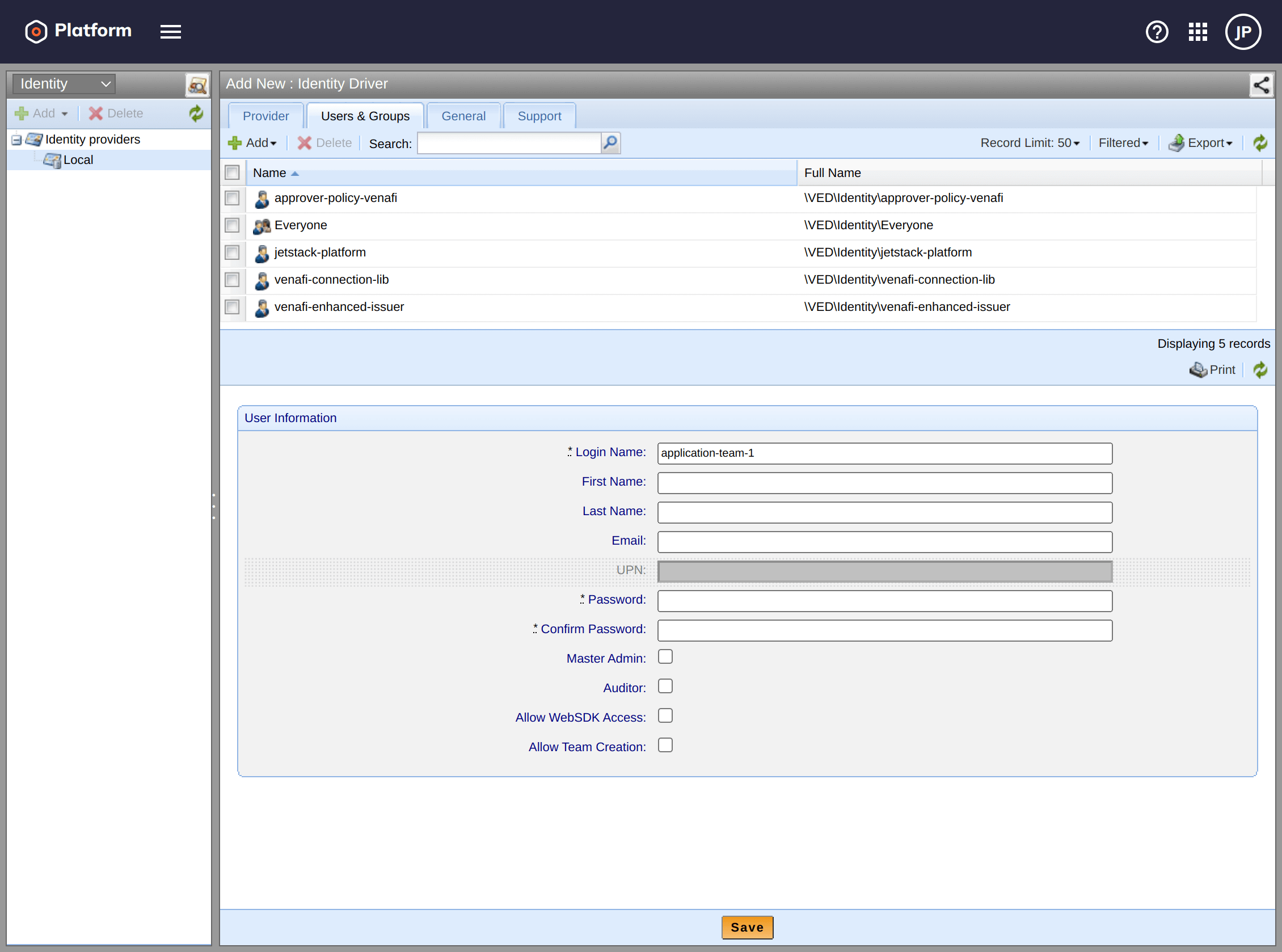Screenshot of the user management page in the Venafi TPP web UI