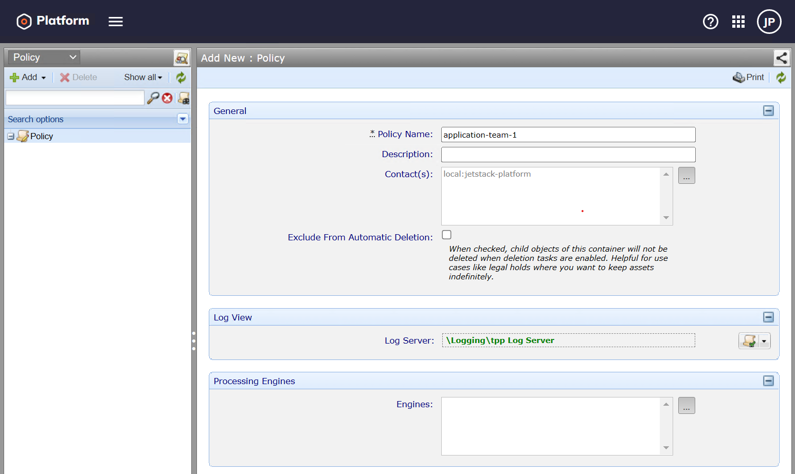 Screenshot of the policy folder management page in the Venafi TPP web UI