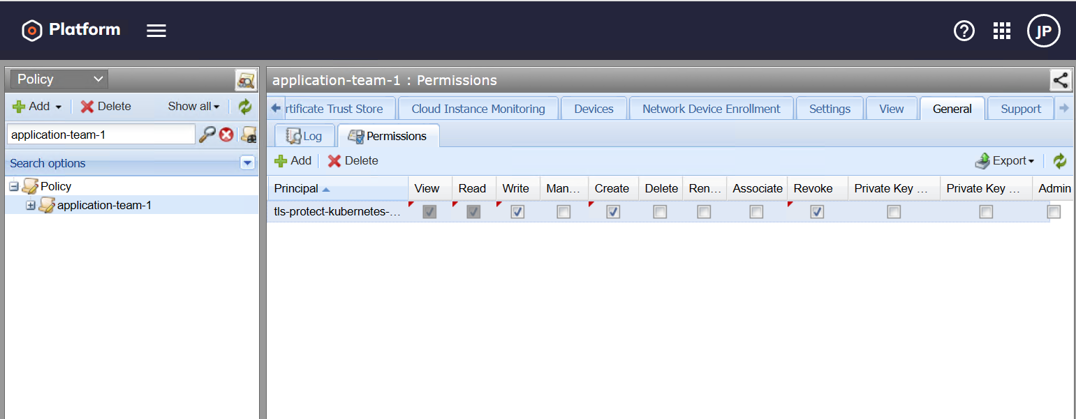 Screenshot of the policy folder management page in the Venafi TPP web UI