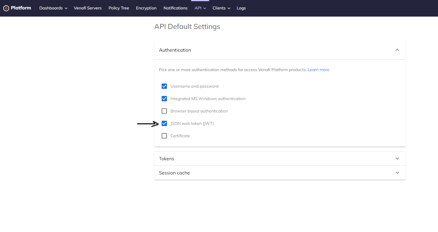 Screenshot of enabling JWT auth: `Platform > API > Default Settings > JSON web token (JWT)`