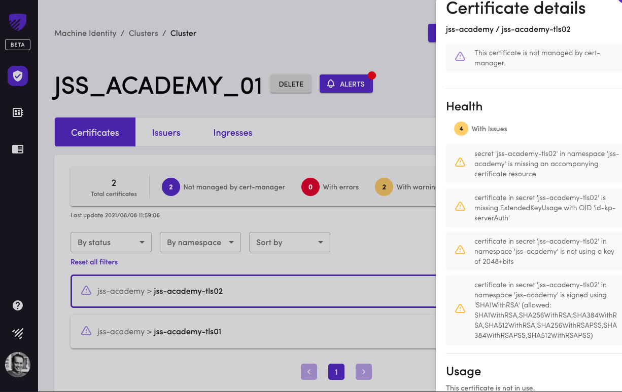 Certificate Details for TLS Secret jss-academy-tls02.