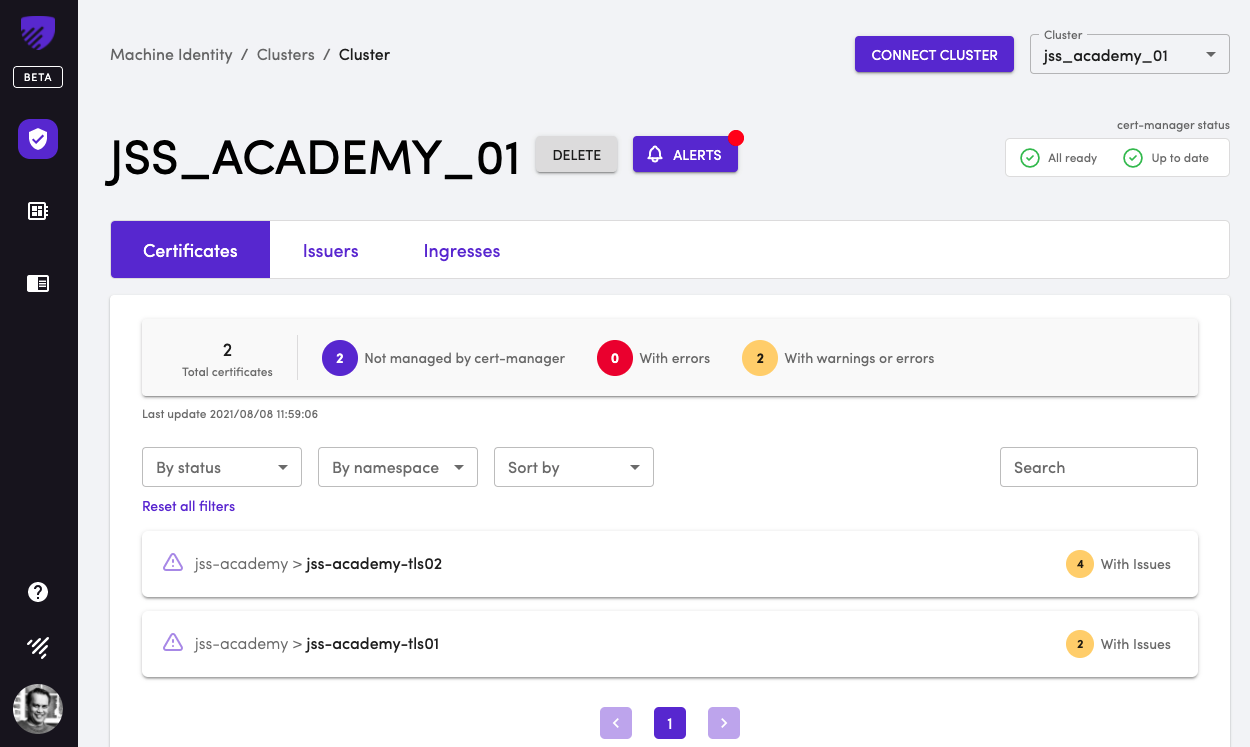 Certificate inventory from TLS Protect for Kubernetes dashboard.