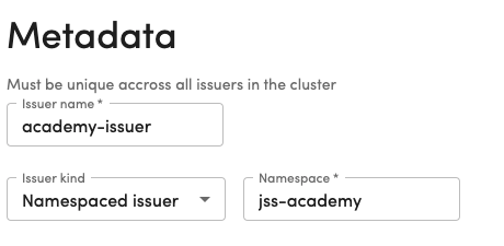 Metadata config for issuer in TLS Protect for Kubernetes dashboard.