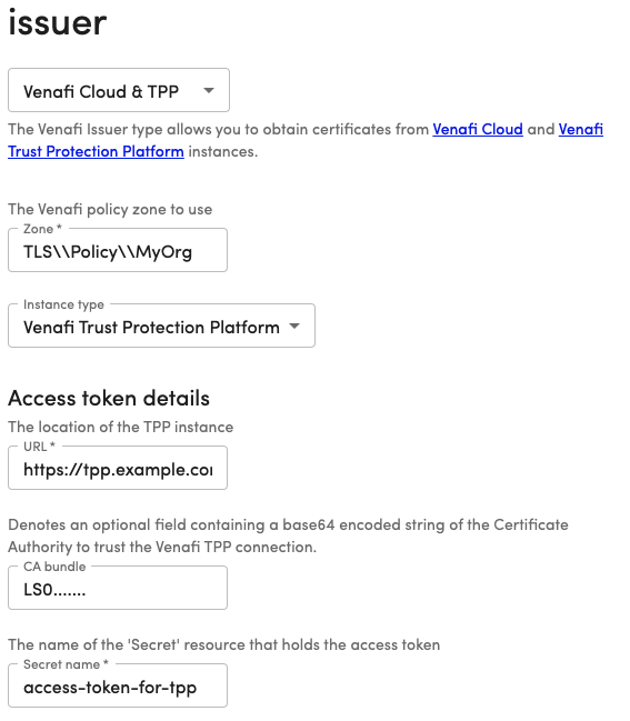 Venafi TPP Issuer config in TLS Protect for Kubernetes dashboard.