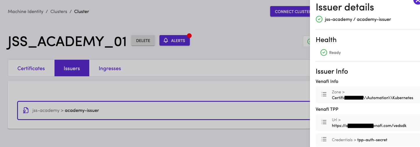 Issuers in TLS Protect for Kubernetes dashboard.