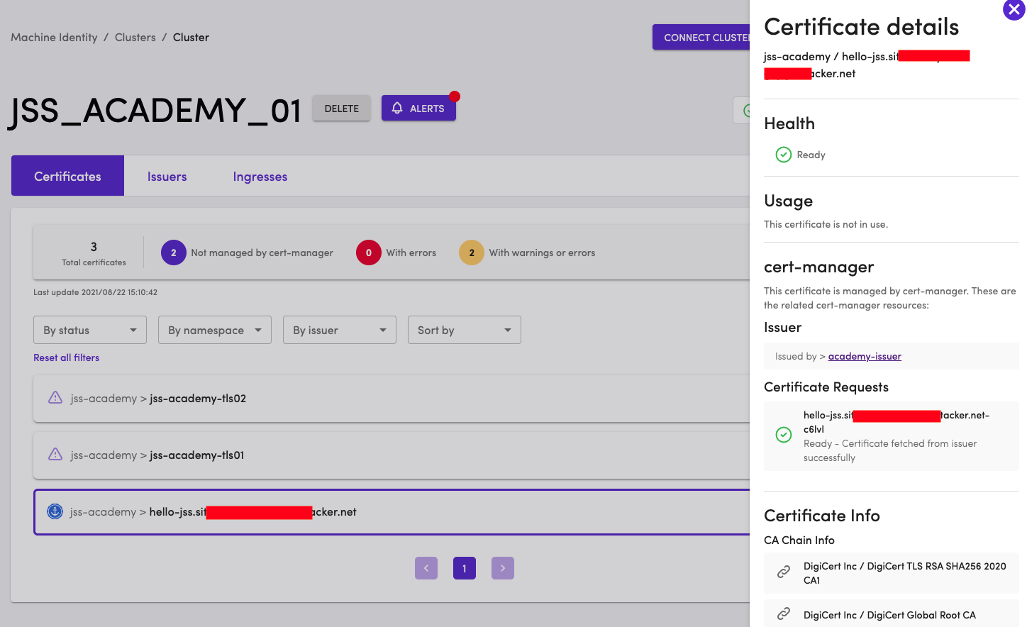 Certificates in TLS Protect for Kubernetes dashboard.