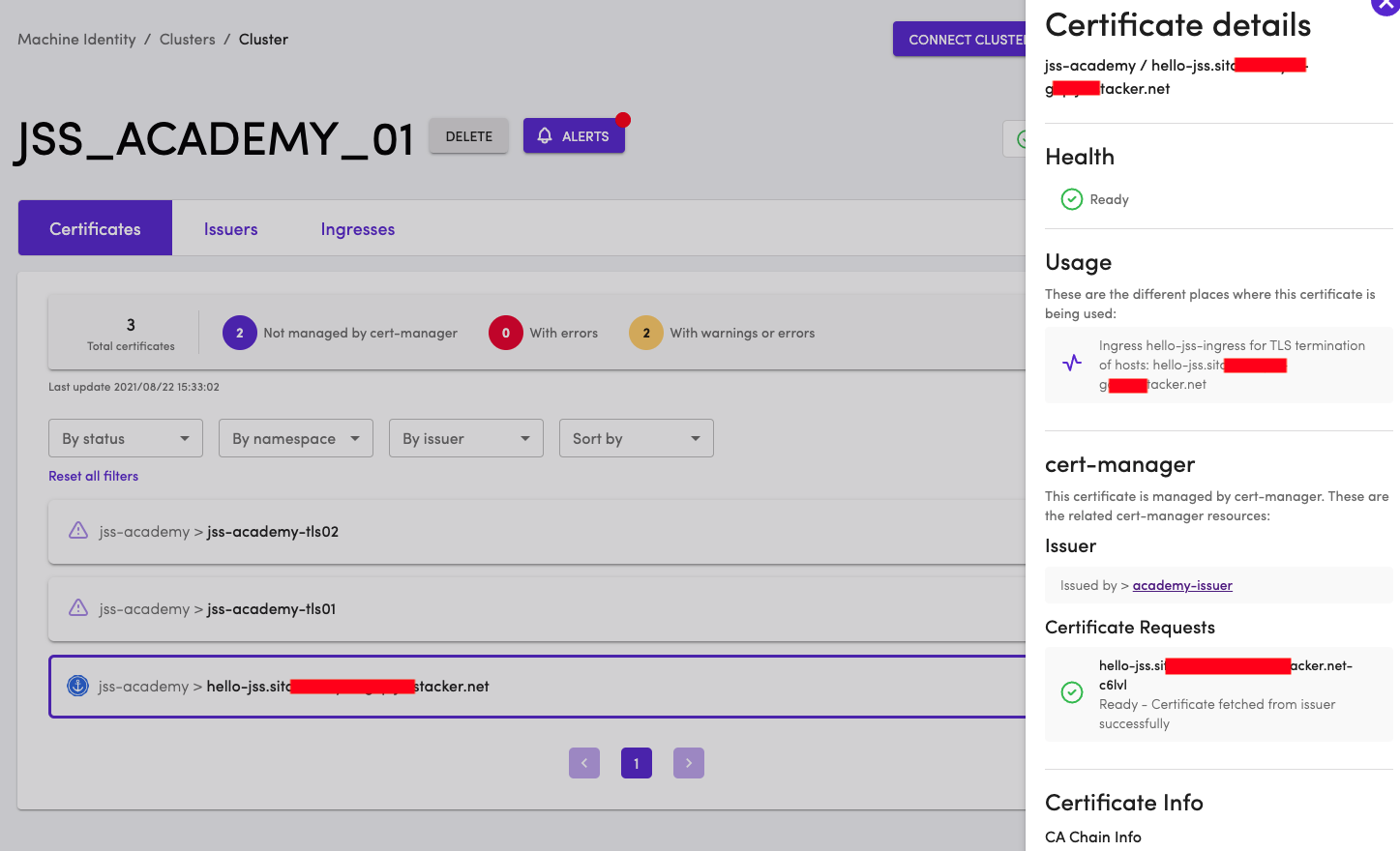 Certificate Details in TLS Protect for Kubernetes dashboard.