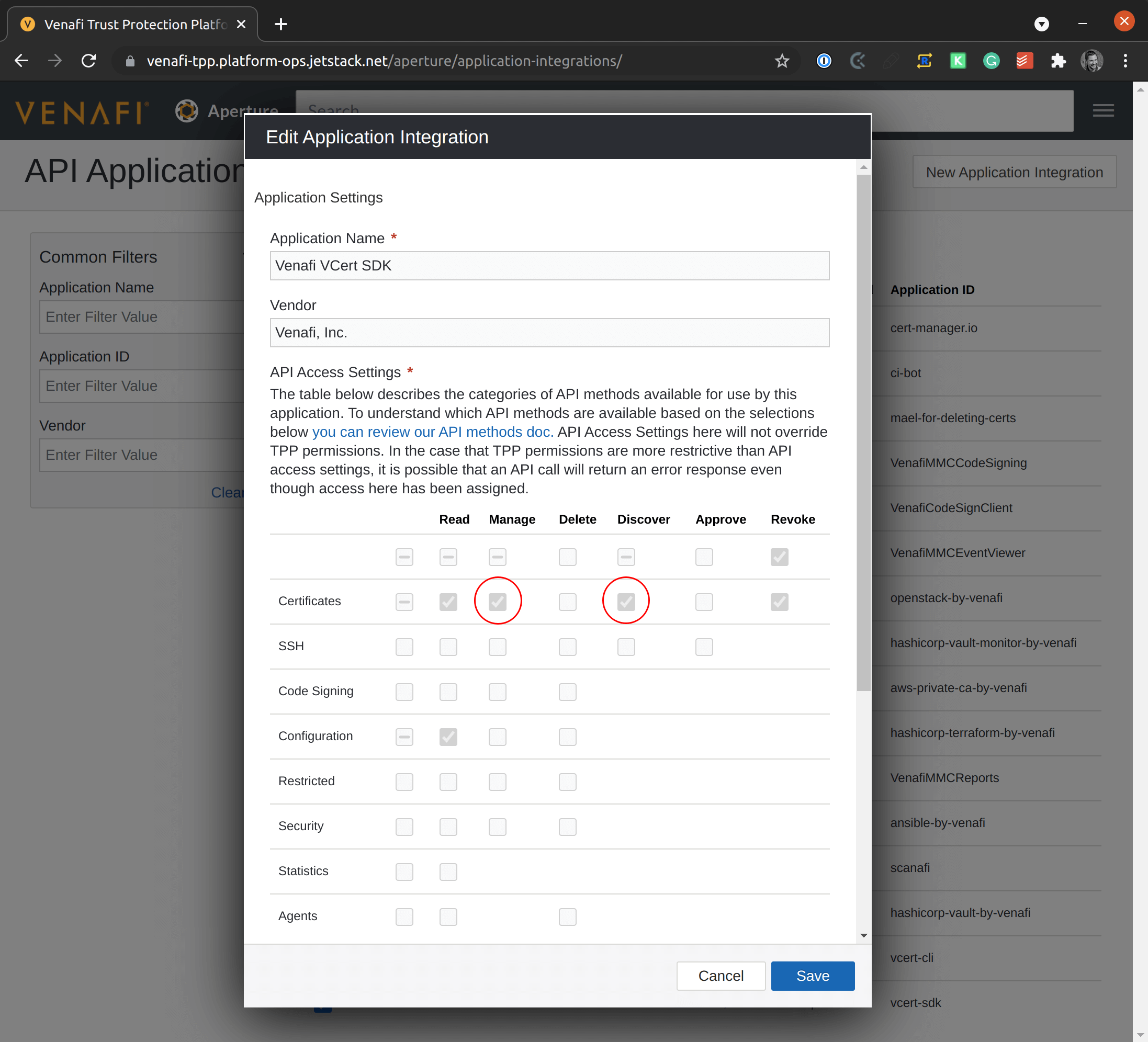 Make sure that the Manager and Discover scopes are checked in the
Certificate row.