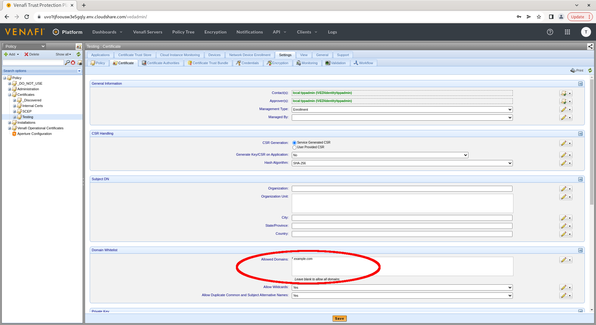 Editing the policy settings in the TPP web interface